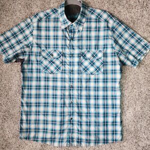 Kuhl Plaid Shirt Mens Large Blue Short Sleeve Snap Front Hiking Outdoor EUC